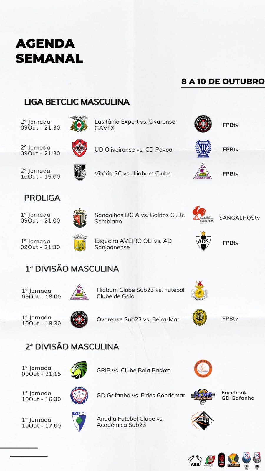 Agenda da Semana das Competições Masculinas